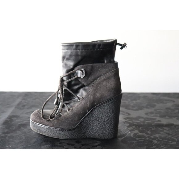 Moncler Women's Size 37 Black Wedge Boots Suede Lace Up Mid-Calf Round Toe Shoes - Picture 1 of 9